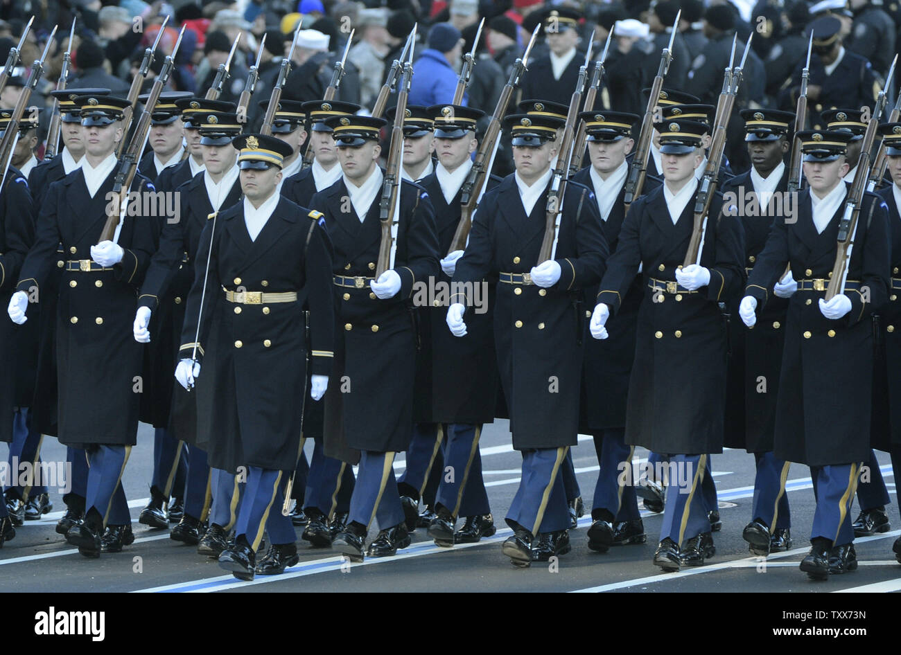 Members of the United States Army Honor Guard march in U.S. President Barack Obama's Inaugural Parade in Washington, D.C. on January 21, 2013. President Obama was sworn-in for a second term as the 44th President of the United States. UPI/Kevin Dietsch Stock Photo