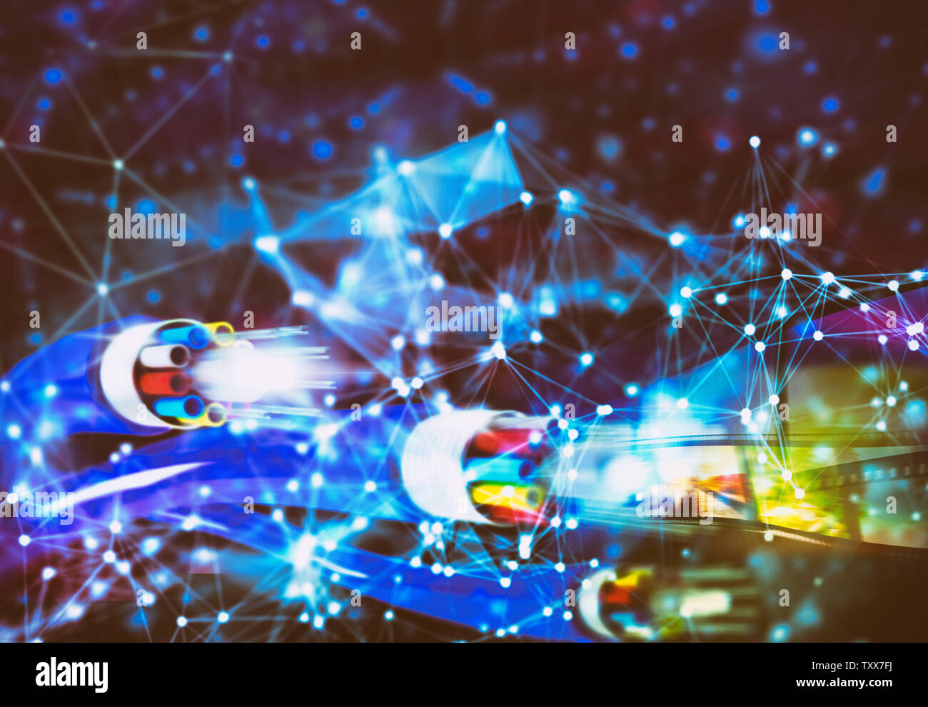 connection with the fiber optic cables. Concept of fast with network effects