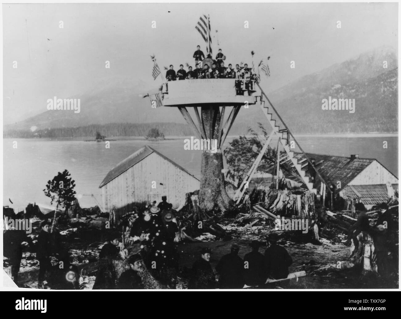 Bandstand and rostrum erected soon after the landing 0f Metlakahtlans on Annette Island, Alaska. Stock Photo