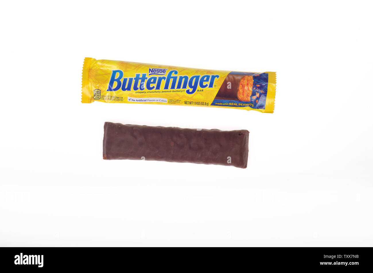Nestle Butterfinger candy bar with wrapper opened showing candy Stock Photo