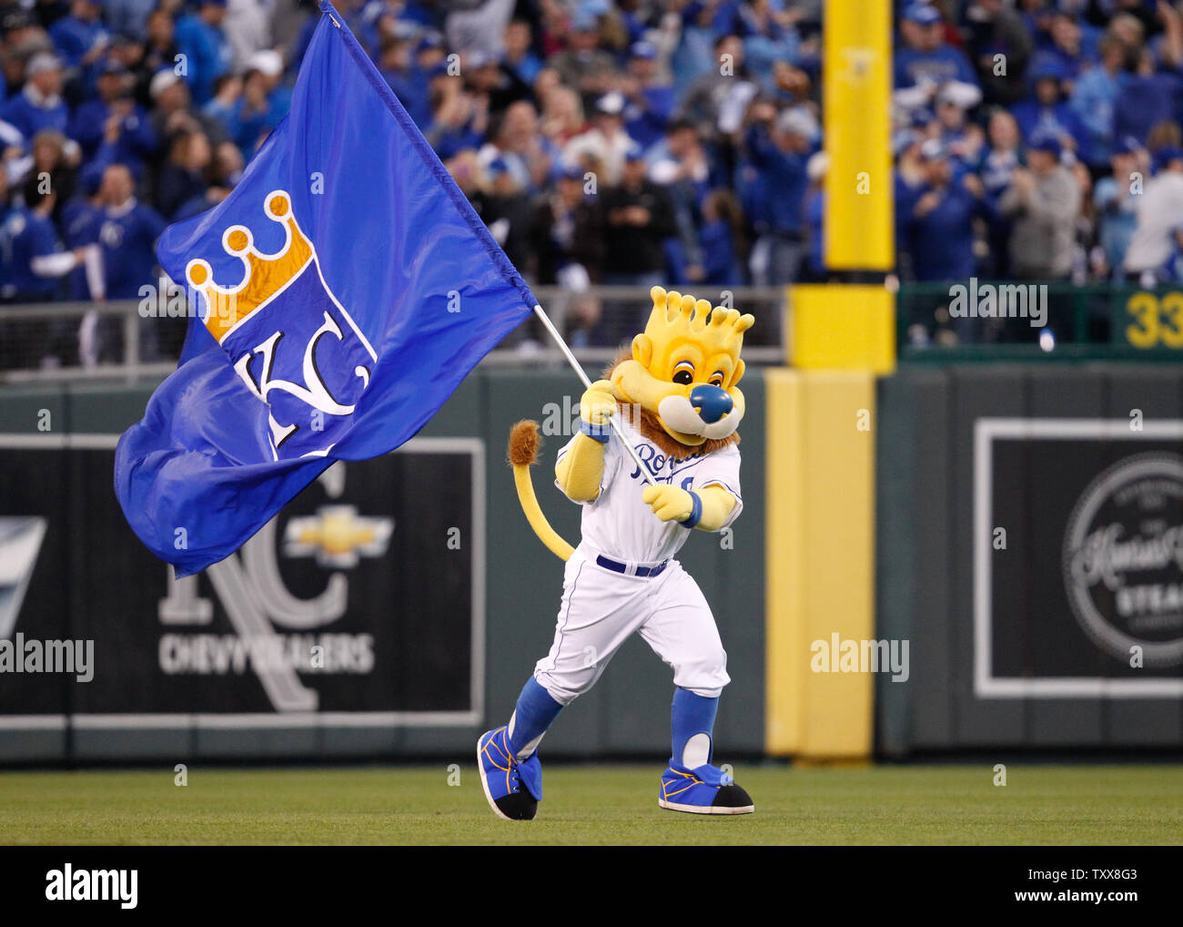 Kansas City Royals mascot Sluggerrr fires up the crowd before Game 2 of the  ALCS against the Toronto Blue Jays on at Kauffman Stadium in Kansas City,  Mo., on Saturday, Oct. 17
