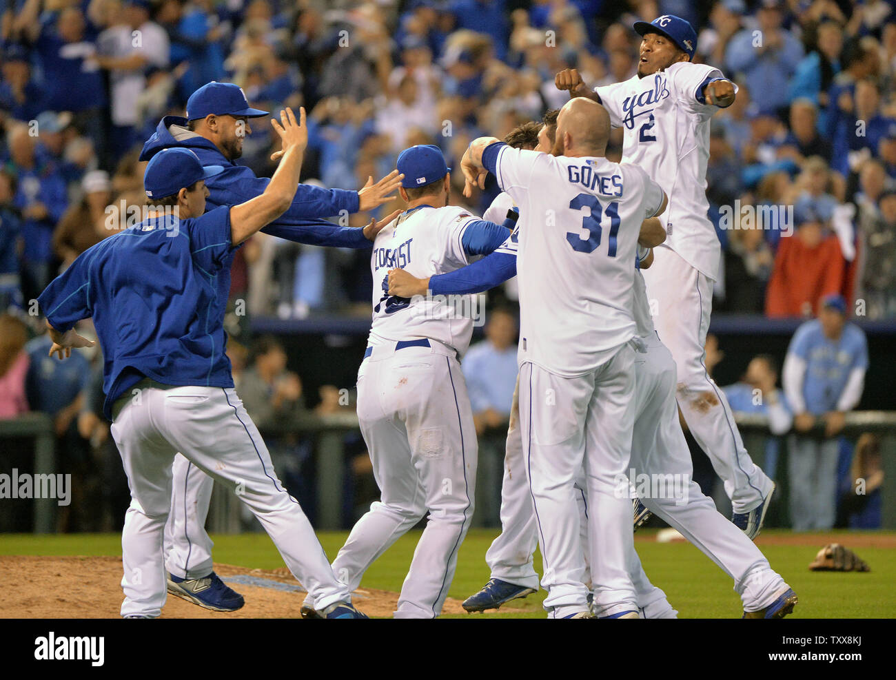Kansas City Royals celebrate win over the Toronto Blue Jays in the ALCS  game 6 at Kaufman Stadium in Kansas City on October 23, 2015. Kansas City  beats Toronto 4-3 to win