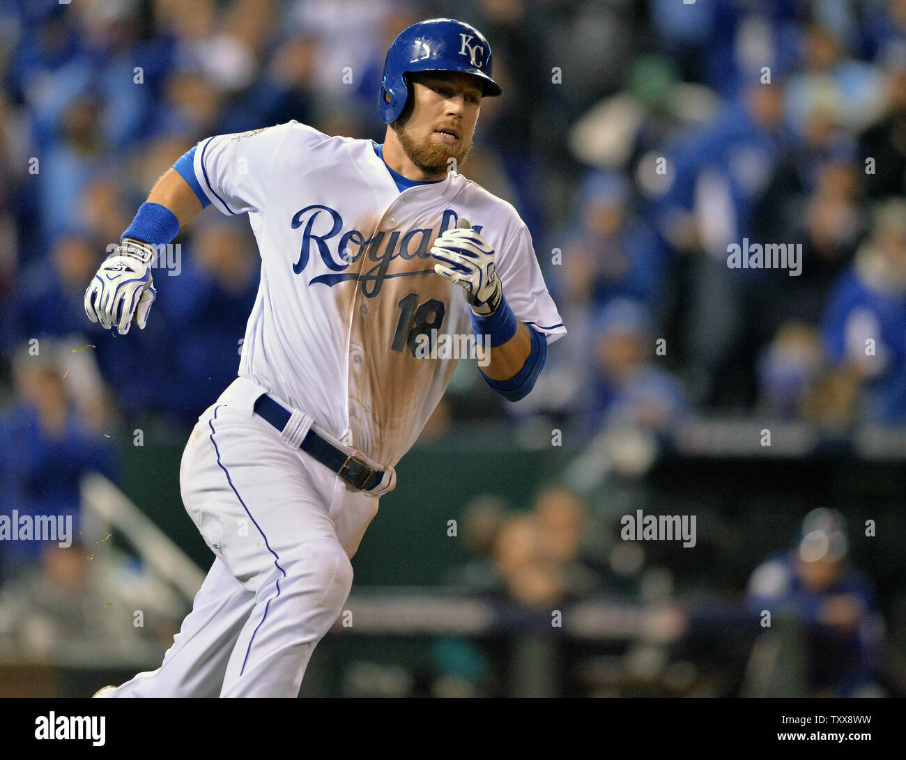Kansas City Royals Ben Zobrist doubles against the New York Mets during the  sixth inning of game 1 of the World Series at Kauffman Stadium in Kansas  City, Missouri on October 27