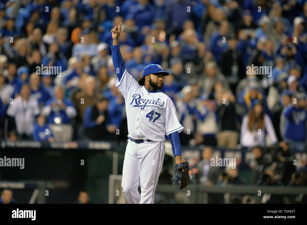 Kansas City Royals starting pitcher Johnny Cueto celebrates defeating the New York Mets 7-1 with a complete game in game 2 of the World Series at Kauffman Stadium in Kansas City, Missouri on October 28, 2015. The Royals go up 2-0 in the Series.      Photo by Kevin Dietsch/UPI Stock Photo