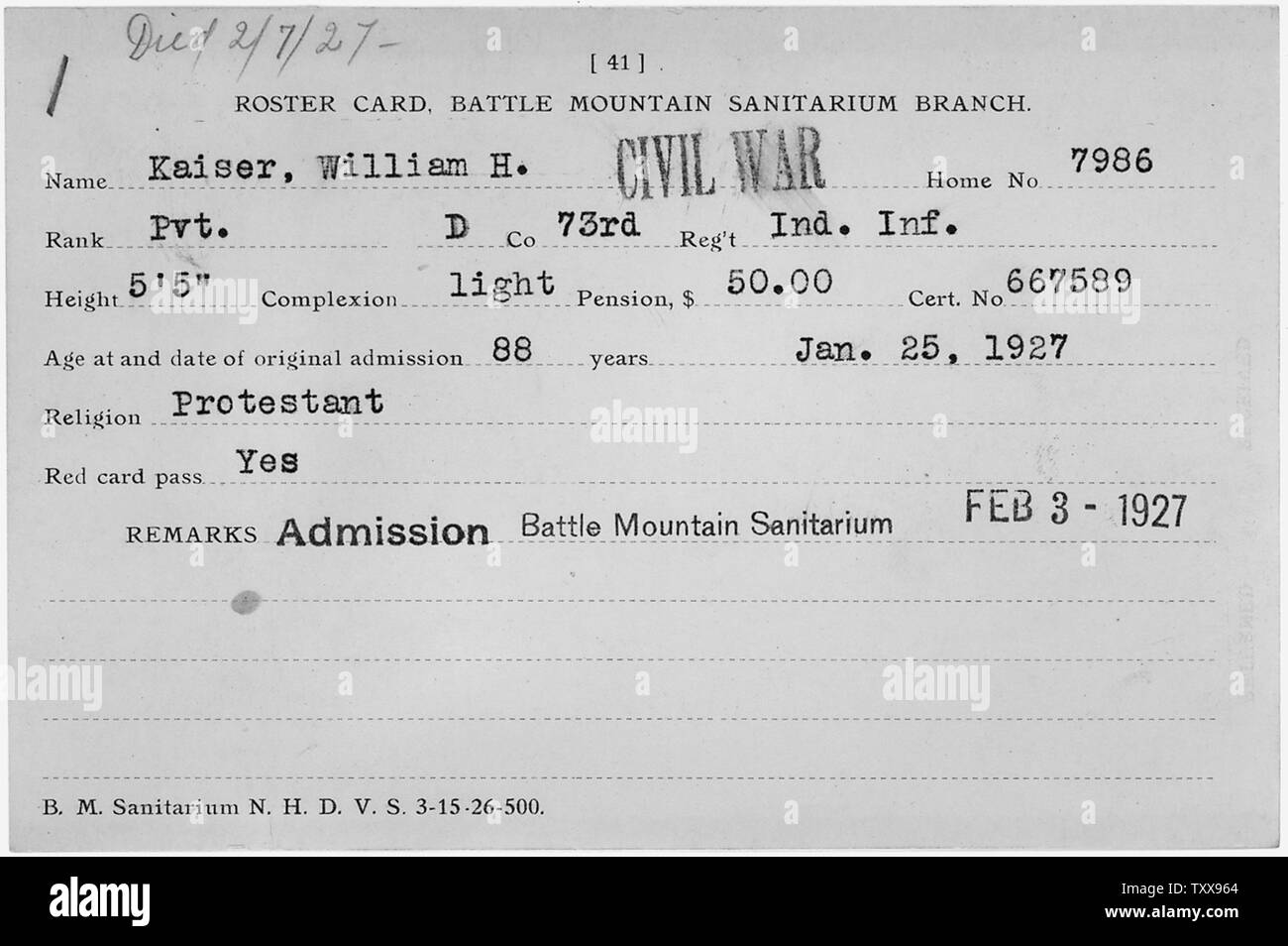 Battle Mountain Sanitarium membership roster card for William Kaiser