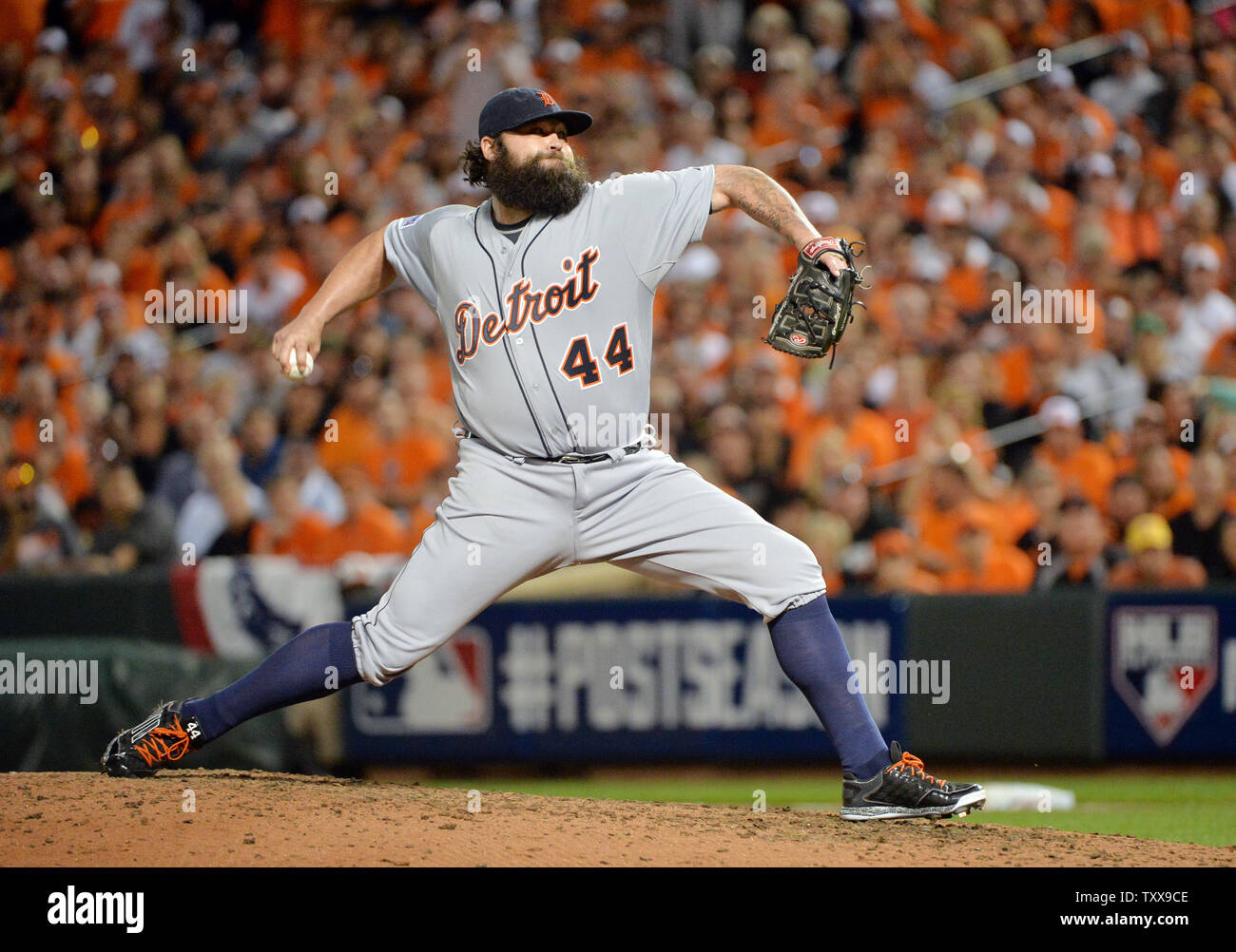 Detroit Tigers relief pitcher Joba Chamberlain delivers during the eighth inning of game 1 of the American League Division Series against the Baltimore Orioles at Orioles Park at Camden Yards in Baltimore, Maryland on October 2, 2014.     UPI/Kevin Dietsch Stock Photo