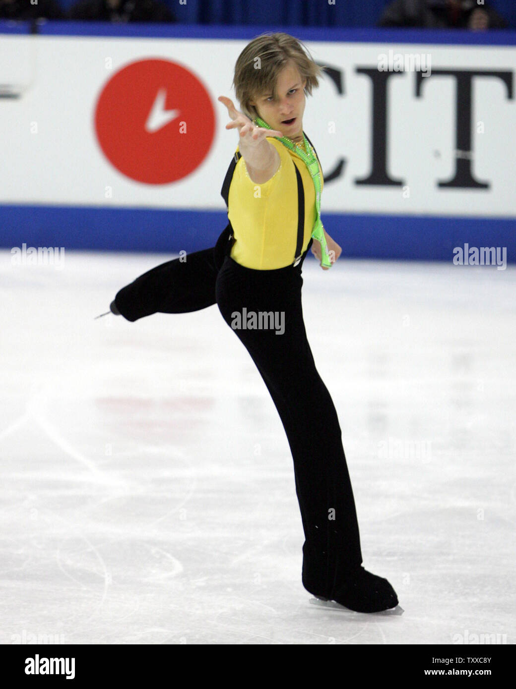 Russian skater Sergei Dobrin, 18, performs his short program at the World Junior Figure Skating Championships in Kitchener, Canada on March 4, 2005.  Dobrin, of Moscow, is in third place before the free skate 60.18 points.  (UPI Photo / Grace Chiu). Stock Photo