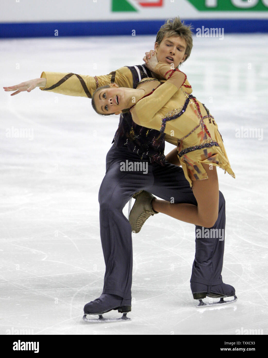 Russian ice dancers Anastasia Gorshkova and Ilia Tkachenko perform