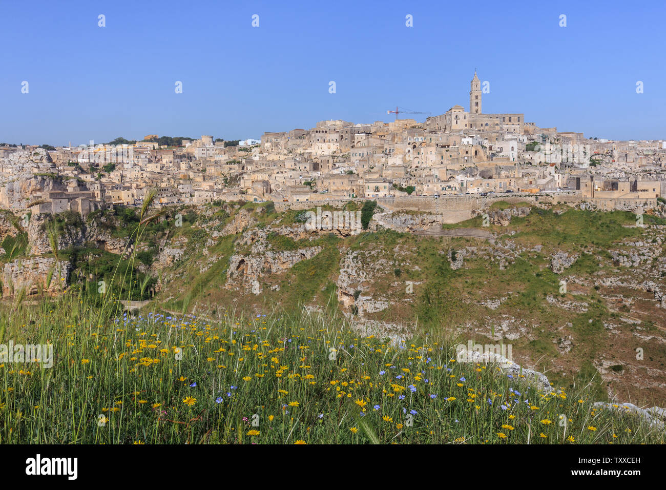 A view on the historic city Matera with the Canyon of Matera in Basilicata, Italy Stock Photo