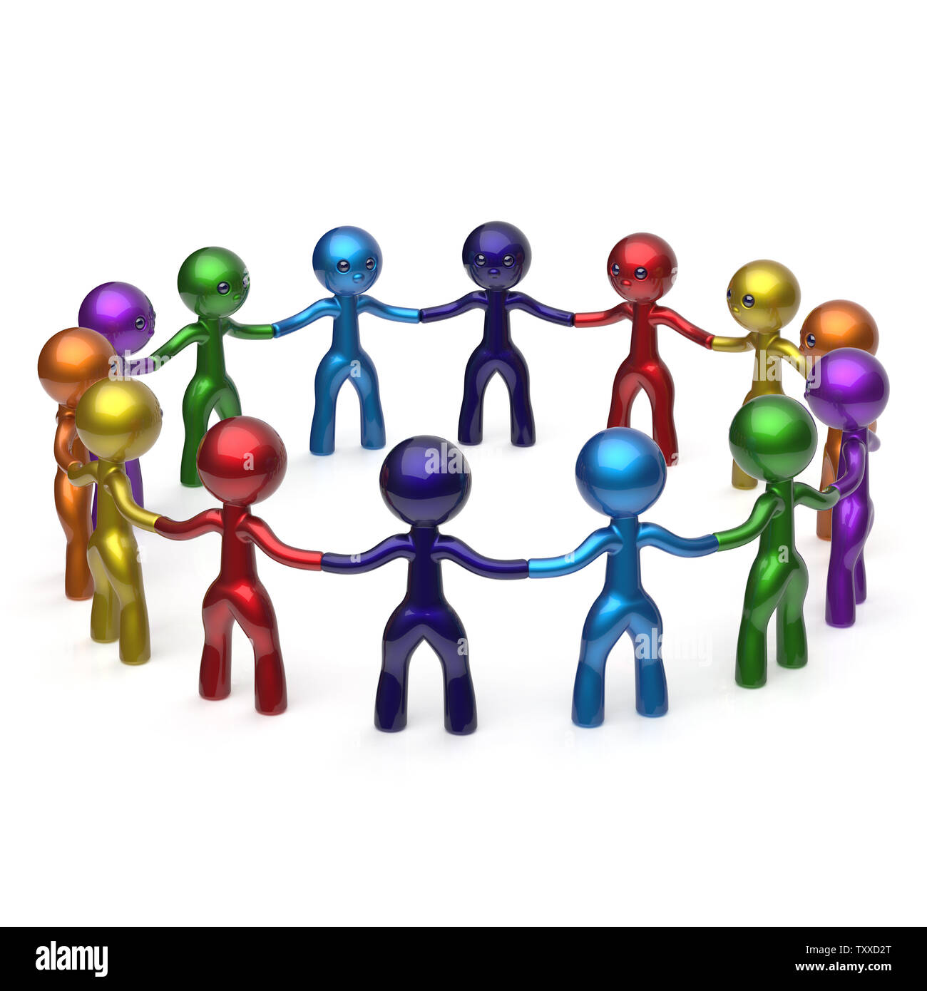 Social network characters teamwork human resources circle people  individuality friendship team six different cartoon friends unity meeting  icon concep Stock Photo - Alamy