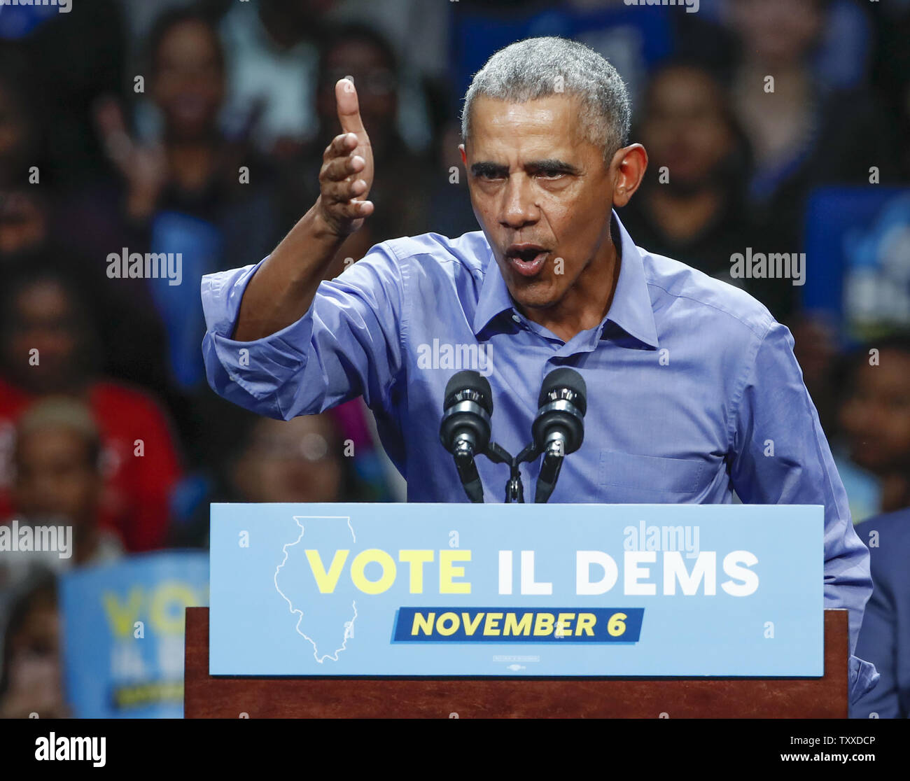 Former President Barack Obama speaks during the campaign rally for Illinois Democrats in Chicago on November 4, 2018. Photo by Kamil Krzaczynski/UPI Stock Photo