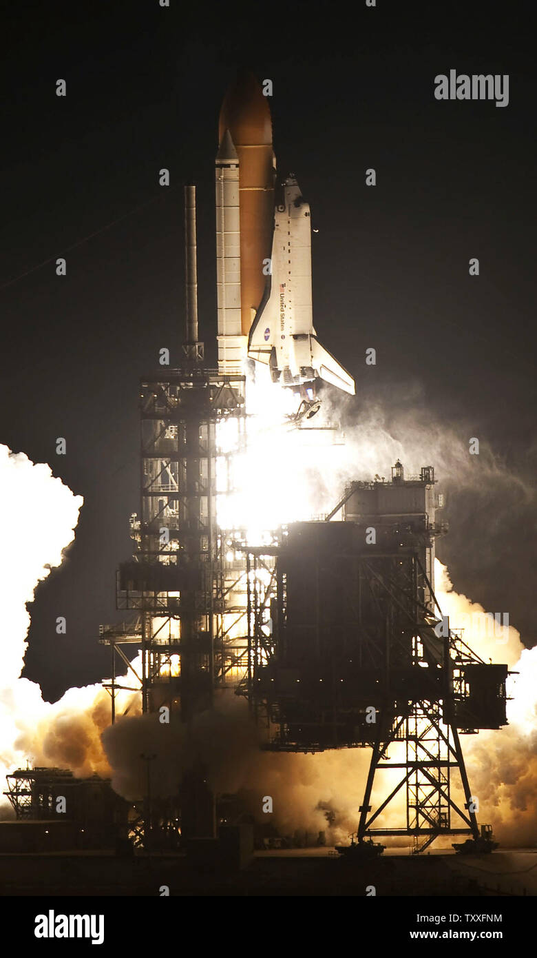 NASA's Space Shuttle 'Endeavor' lifts off from Complex 39A at the Kennedy Space Center in Florida on  February 8,2010. STS 130 will deliver the Tranquility Connecting Node and the seven window Cupola to the International Space Station . UPI/Joe Marino-Bill Cantrell Stock Photo