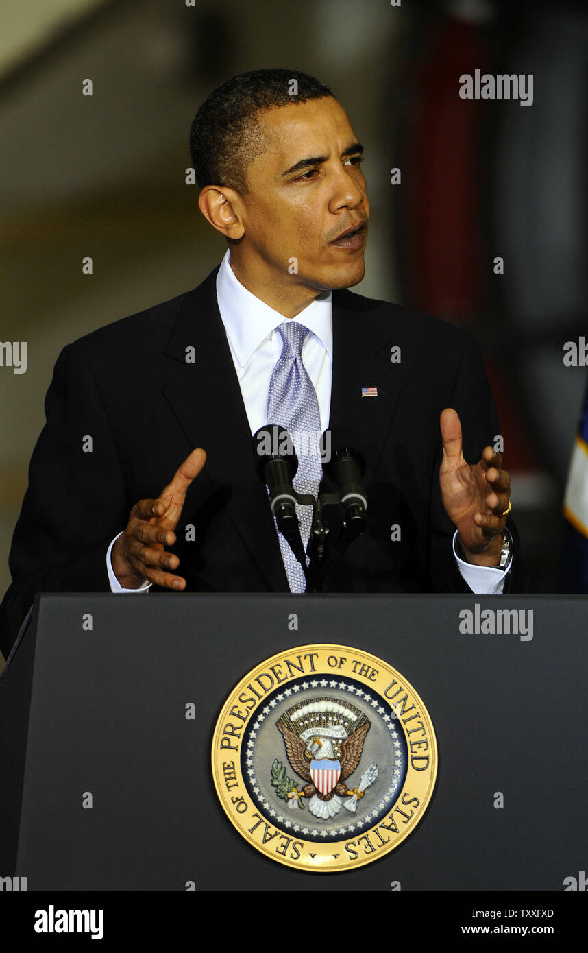 President Barack Obama speaks at the NASA Space Conference at the Kennedy  Space Center on April 15, 2010. His speech outlined the future of manned  spaceflight, including a rescue capsule to the