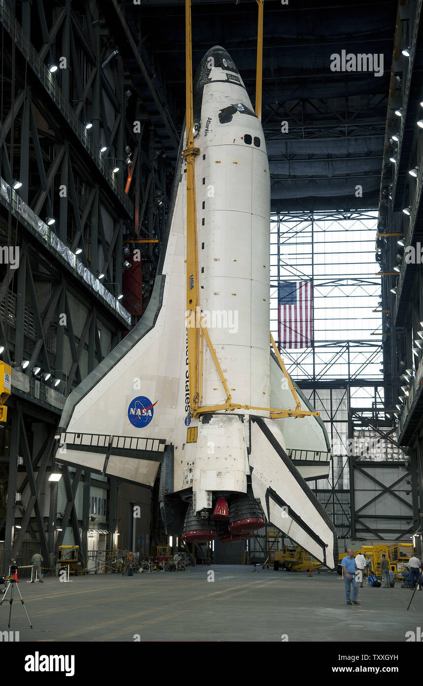 NASA lifts space shuttle "Atlantis" before attaching her to the external tank and boosters in the Vehicle Assembly Building at the Kennedy Space Center on May 18, 2011. Atlantis will fly the