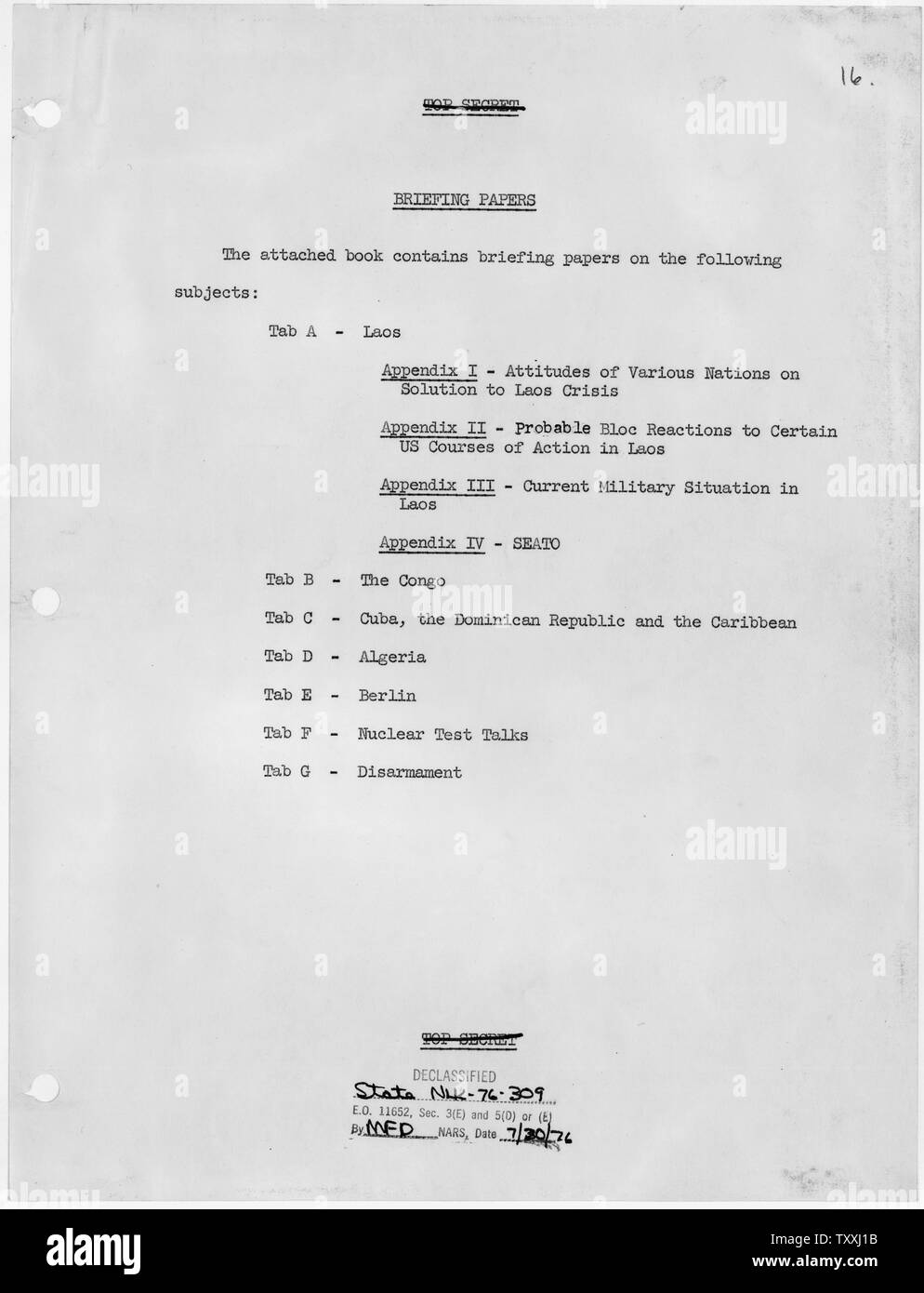 Briefing Papers; Scope and content:  List of briefing papers for the meetings in Vienna, Austria between President John F. Kennedy and Chairman Nikita Khrushchev. Stock Photo