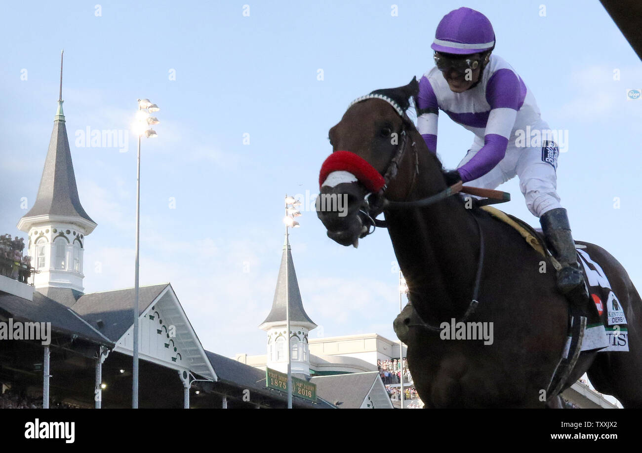 Nyquist, with Mario Gutierrez up, crosses the finish line to win the 142nd running of the Kentucky Derby at Churchill Downs on May 7, 2016 in Louisville, Kentucky. Nyquist held off 19 other horses to win the first leg of the Triple Crown.   Photo by Frank Polich/UPI Stock Photo