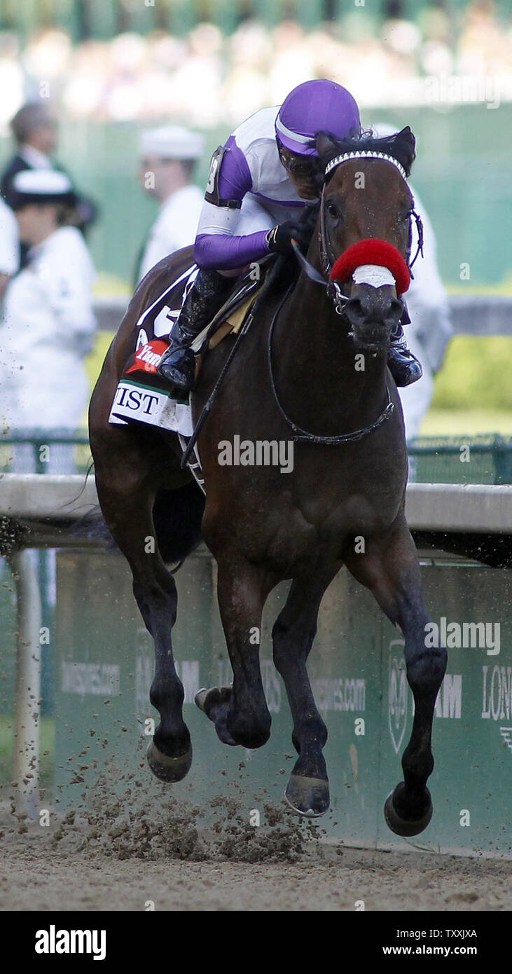Mario Gutierrez, aboard Nyquist races to the finish line to win the 142nd running of the Kentucky Derby at Churchill Downs on May 7, 2016 in Louisville, Kentucky. Nyquist held off 19 other horses to win the first leg of the Triple Crown.   Photo by Frank Polich/UPI Stock Photo