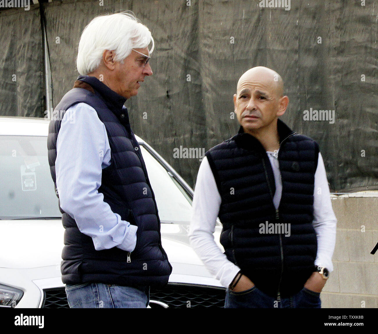 Trainer Bob Baffert, and Jockey Mike Smith at the barn of their horse, Kentucky Derby favorite Justify, prior to workouts at Churchill Downs on May 3, 2018 in Louisville, Kentucky. Photo by Mark Abraham/UPI Stock Photo