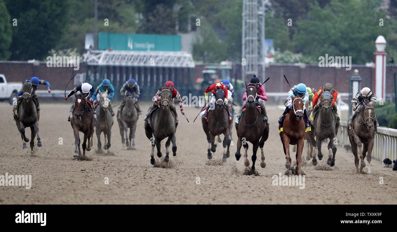 The field of horses race towards the finish line during the 144th running of the Kentucky Oaks on May 4, 2018 at Churchill Downs in Louisville Kentucky. Photo by Jason Szenes/UPI Stock Photo