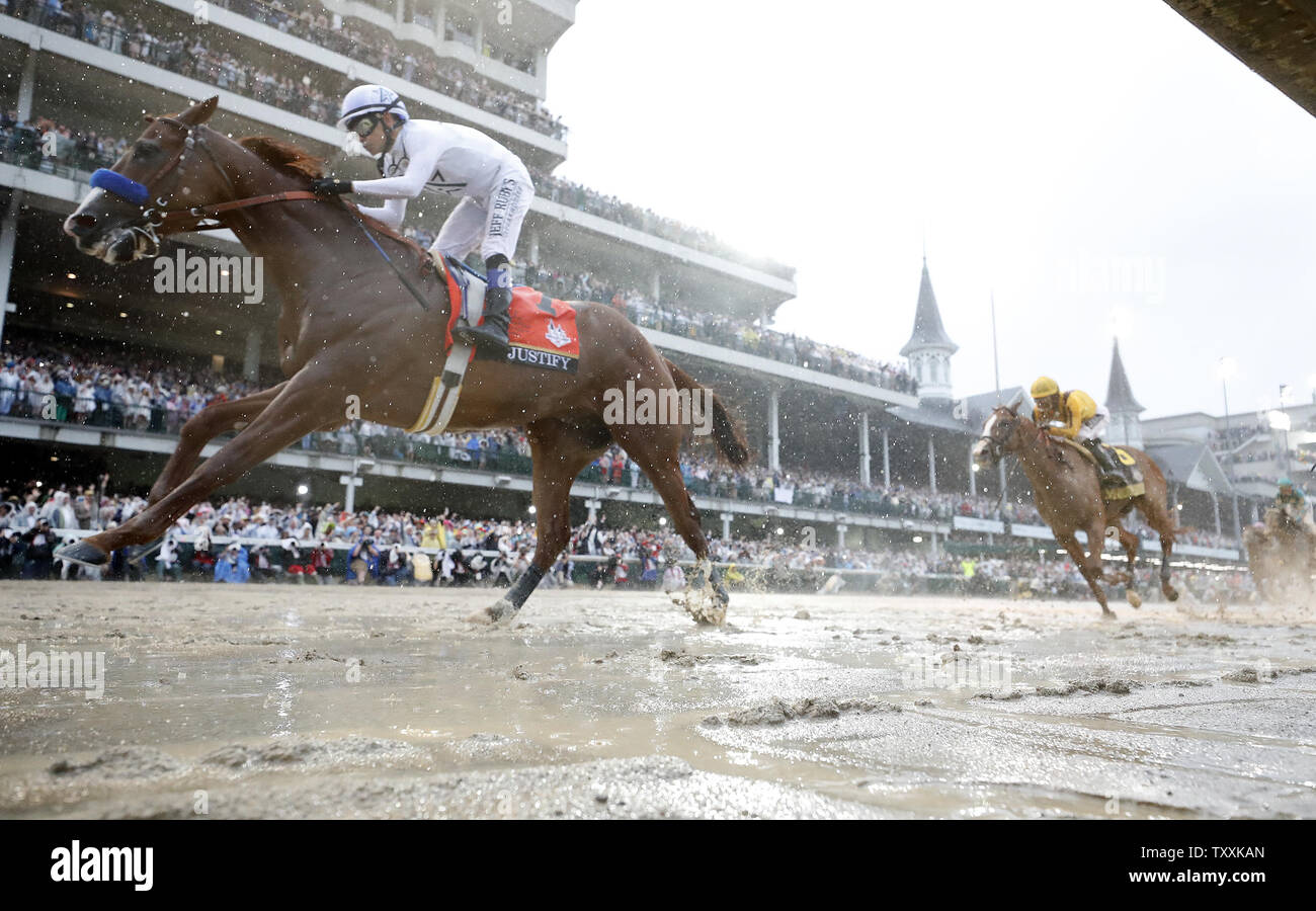 Jockey Mike Smith aboard Justify crosses the finish line to win the 144th Running of the Kentucky Derby on May 5, 2018 at Churchill Downs in Louisville Kentucky. Photo by Jason Szenes/UPI Stock Photo