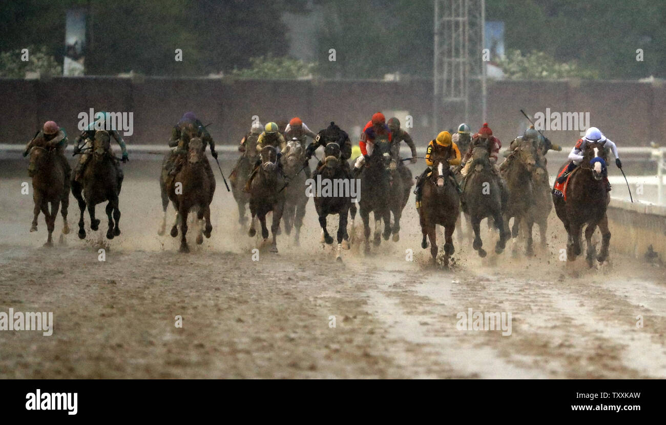 Jockey Mike Smith aboard Justify (far-right) races to the finish line to win the 144th Running of the Kentucky Derby on May 5, 2018 at Churchill Downs in Louisville Kentucky. Photo by Jason Szenes/UPI Stock Photo
