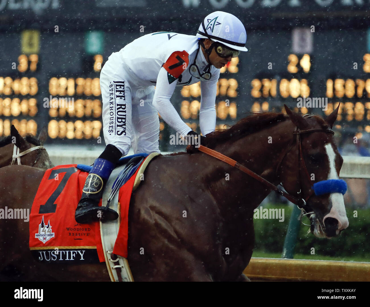 Jockey Mike Smith aboard Justify crosses the finish line to win the 144th Running of the Kentucky Derby on May 5, 2018 at Churchill Downs in Louisville Kentucky. Photo by Jason Szenes/UPI Stock Photo