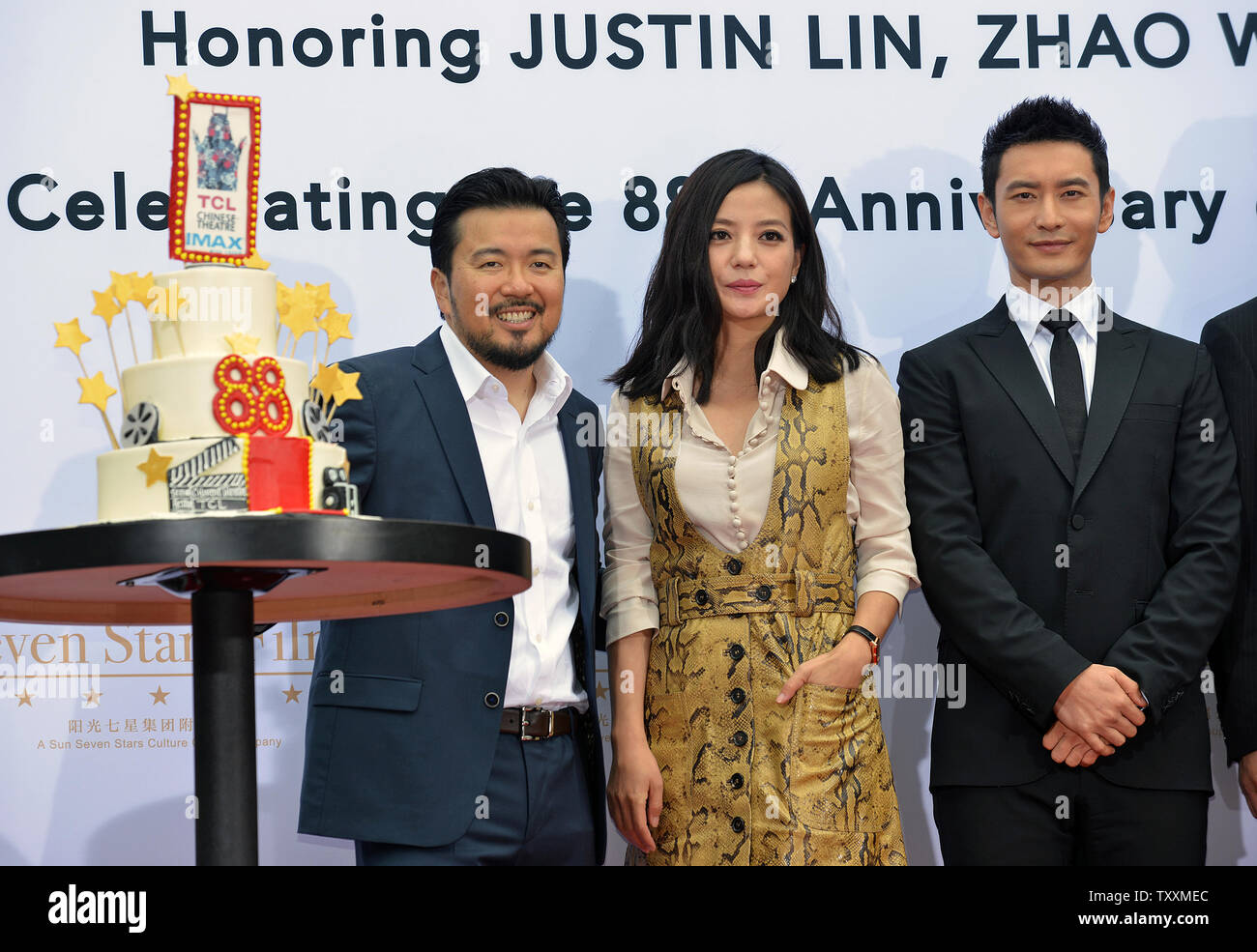 (L-R) Director Justin Lin and actors Zhao Wei and Huang Xiaoming attend the Handprint Ceremony commemorating the 88th birthday of the TCL Chinese Theatre IMAX in the Hollywood section of Los Angeles on June 3, 2015. In China, the number '8' is considered very lucky and is widely celebrated. Photo by Christine Chew/UPI Stock Photo