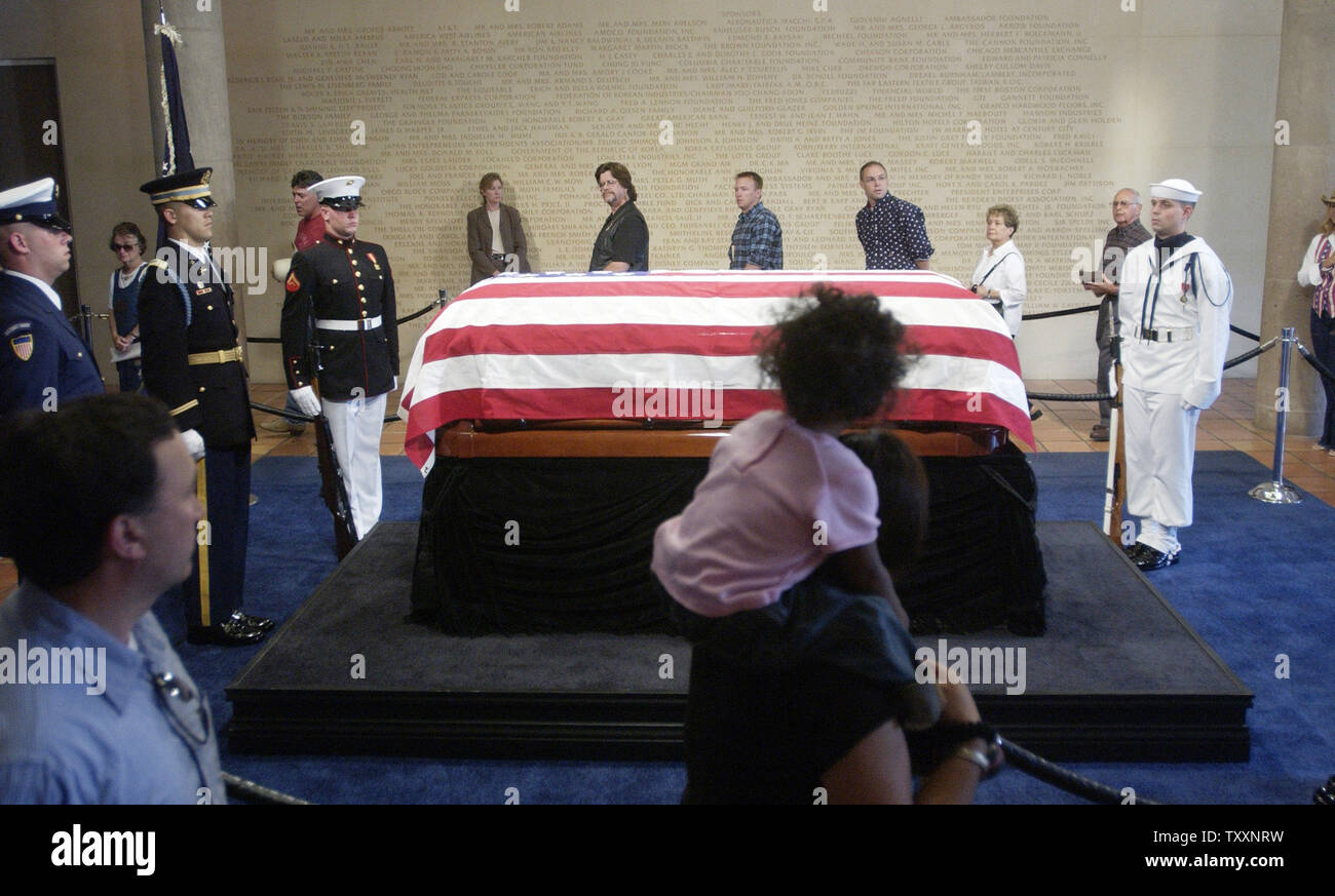 Members of the public view the casket of former U.S. President Ronald ...