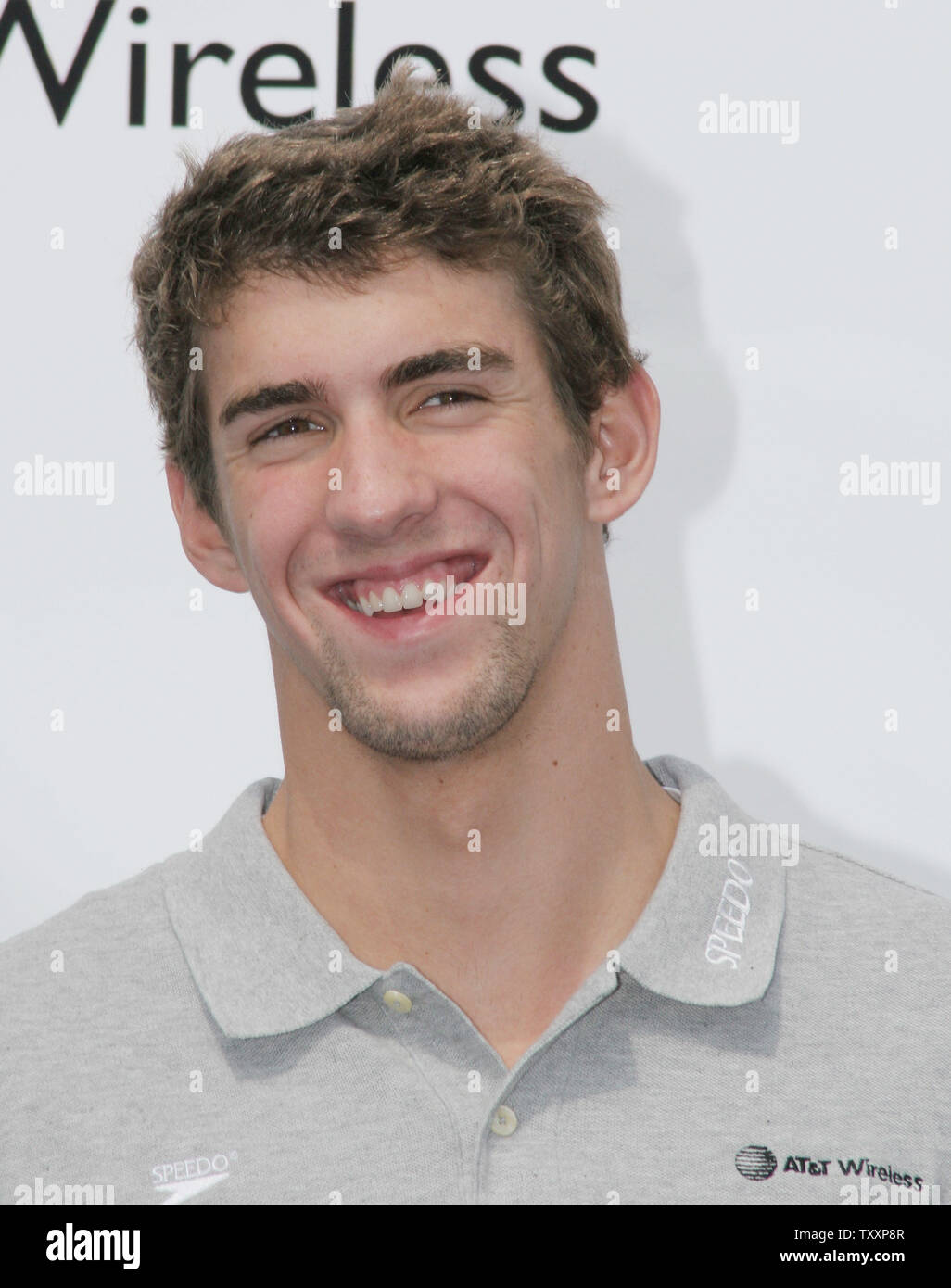 Olympic swimming gold medalist Michael Phelps makes an appearance for AT&T Wireless in Tustin, CA on October 5, 2004. (UPI Photo/Francis Specker) Stock Photo