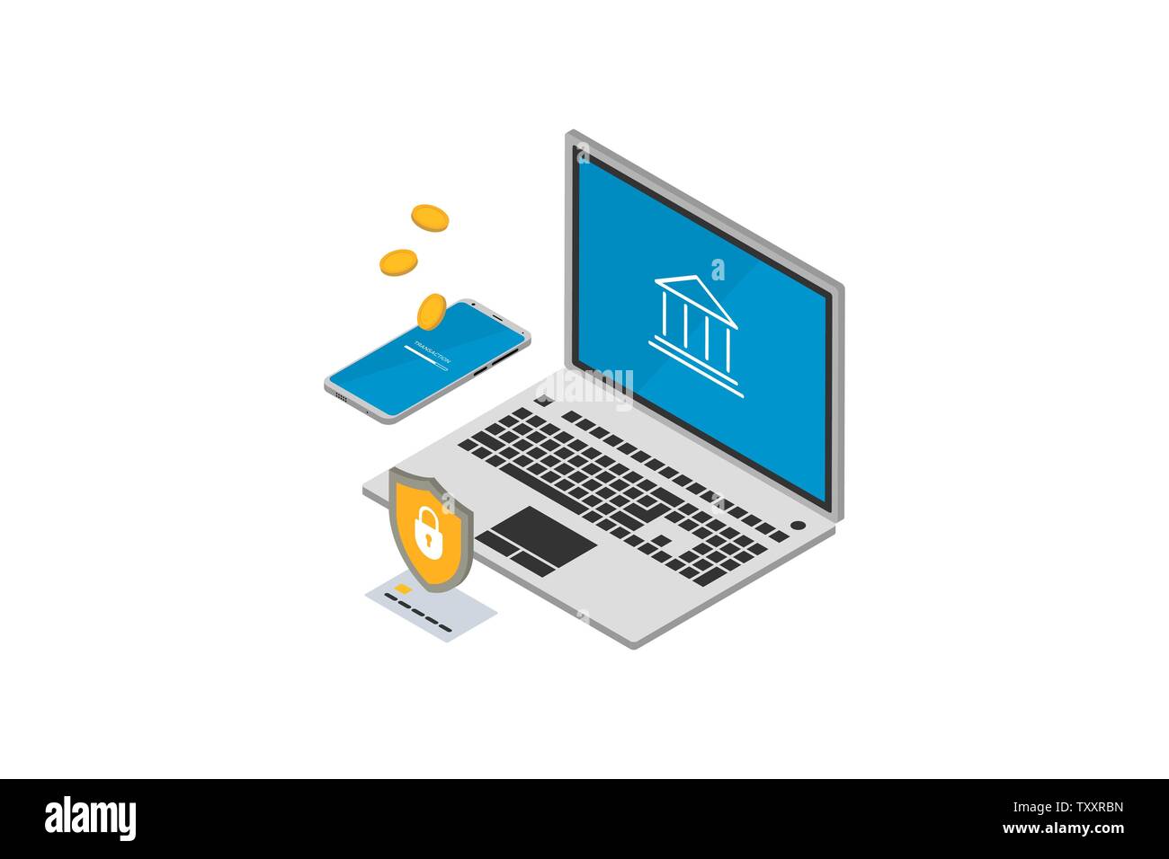 Isometric online banking money transaction concept. 3d laptop and smartphone bank card shield and coins. Bank protection technology vector Stock Vector