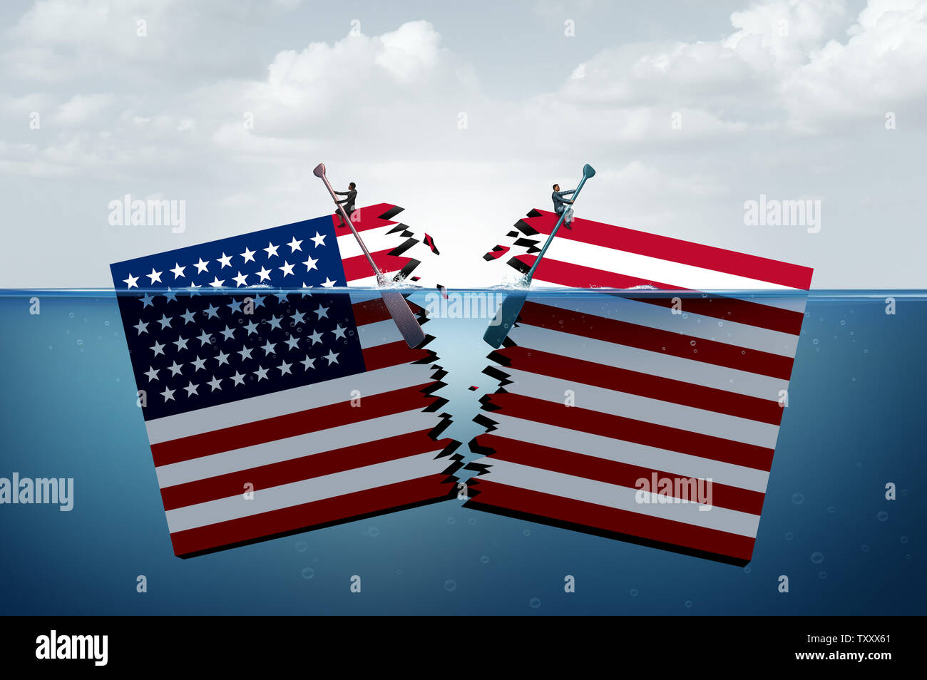 Divided United States and partisan politics as Republicans and Democrats split and widen the political gap with 3D illustration elements. Stock Photo