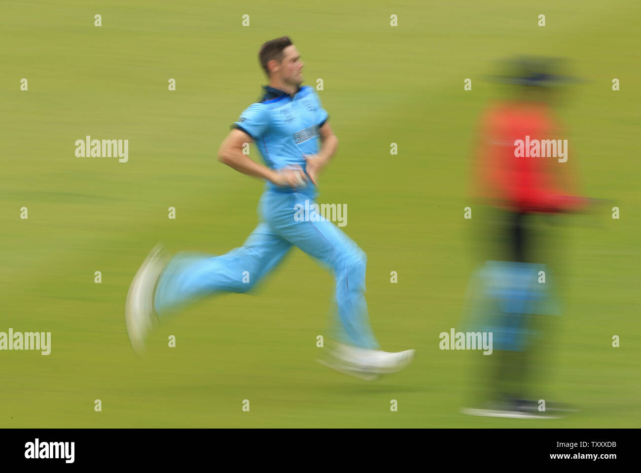 London, UK. 25th June, 2019. A slow shutter speed shot of Chris Woakes of England running in to bowl during the England v Australia, ICC Cricket World Cup match, at Lords, London, England. Credit: Cal Sport Media/Alamy Live News Stock Photo