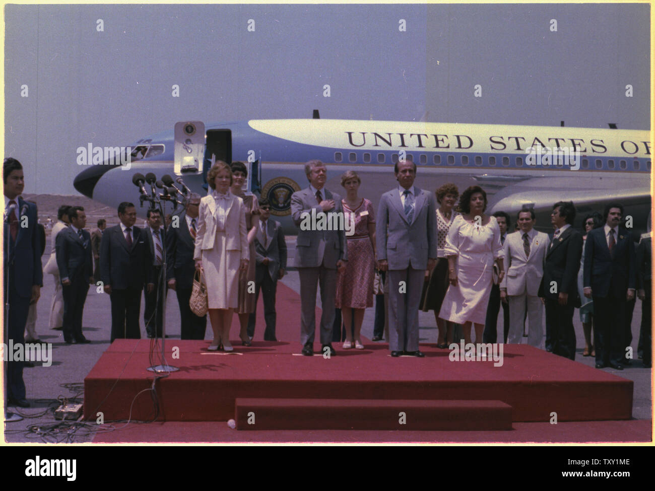 Carlos Andres Perez welcomes Jimmy Carter and Rosalynn Carter to Venezuela during a state visit. Stock Photo