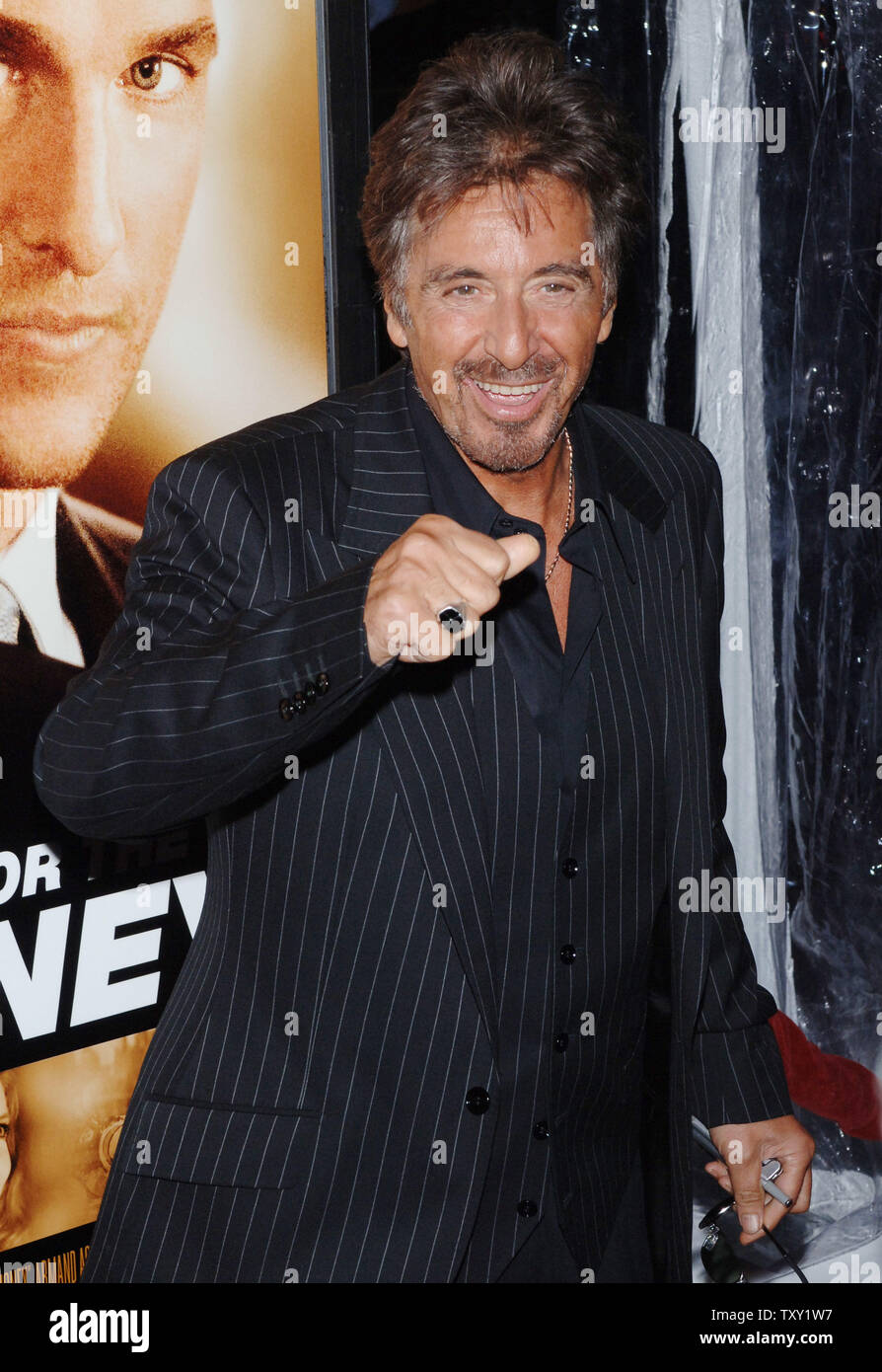 Actor Al Pacino, one of the stars of the new motion picture 'Two for the Money', arrives for the film's premiere in Beverly Hills September 26, 2005. The film also stars Matthew McConaughey, Rene Russo and Jaime King and is about a former college football star who suffers a career-ending injury and aligns himself with one of the most renowned bookies in the sports gambling business. The movie opens October 7 in the United States.    (UPI Photo/Jim Ruymen) Stock Photo