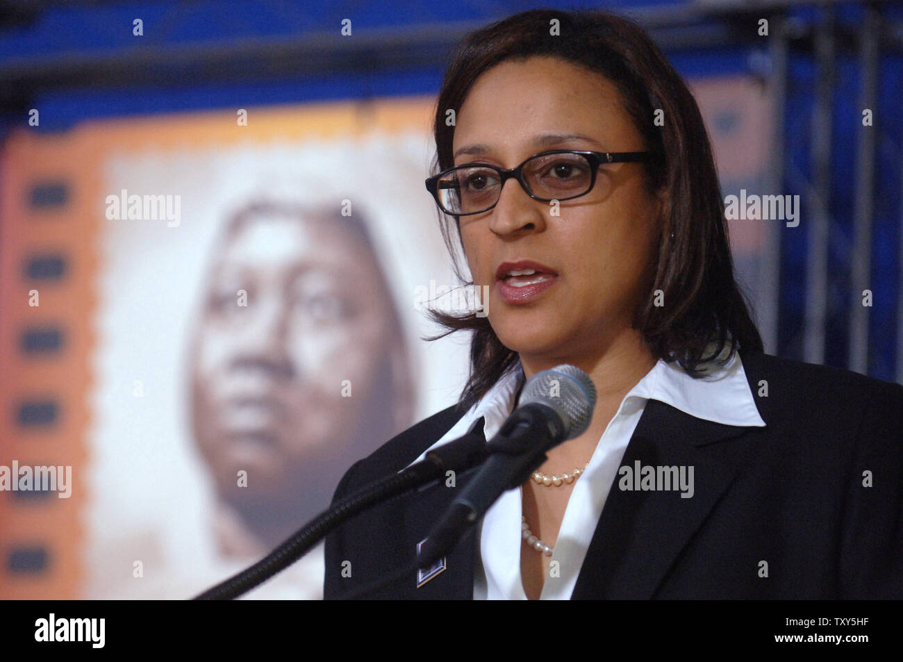 Grand-niece Kim Goff-Crews speaks at the dedication of a new 39-cent commemorative stamp honoring actress Hattie McDaniel held at the The Academy of Motion Picture Arts and Sciences Fairbanks Center for Motion Picture Study in Beverly Hills, California on January 25, 2006. McDaniel became the first African American to win an Academy Award for her role role  in the 1939 film 'Gone With the Wind'. (UPI Photo/ Phil McCarten) Stock Photo