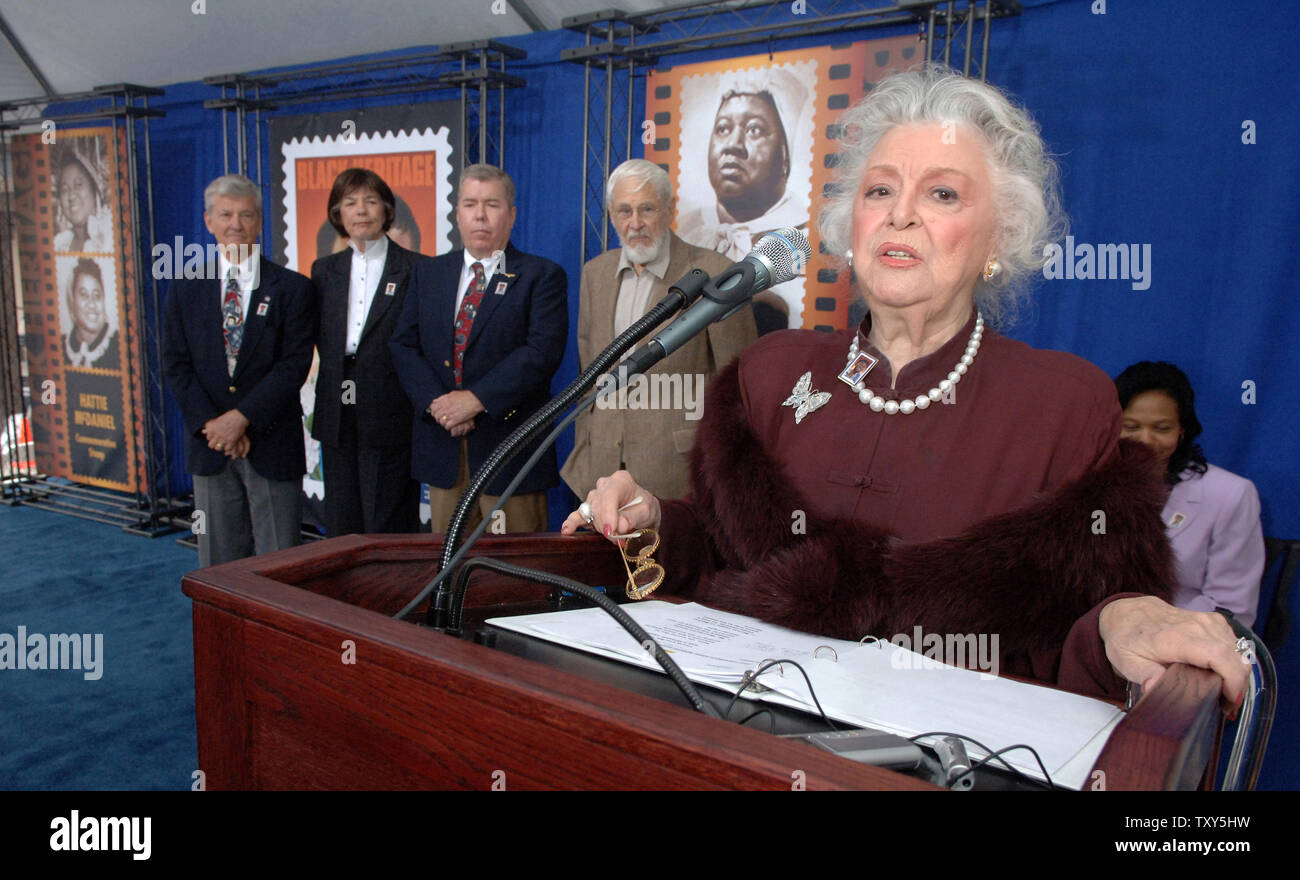 'Gone With the Wind' cast member Ann Rutherford speaks at  the dedication of a new 39-cent commemorative stamp honoring  Hattie McDaniel held at the The Academy of Motion Picture Arts and Sciences Fairbanks Center for Motion Picture Study in Beverly Hills, California on January 25, 2006. McDaniel became the first African American to win an Academy Award for her role role  in the 1939 film 'Gone With the Wind'. (UPI Photo/ Phil McCarten) Stock Photo