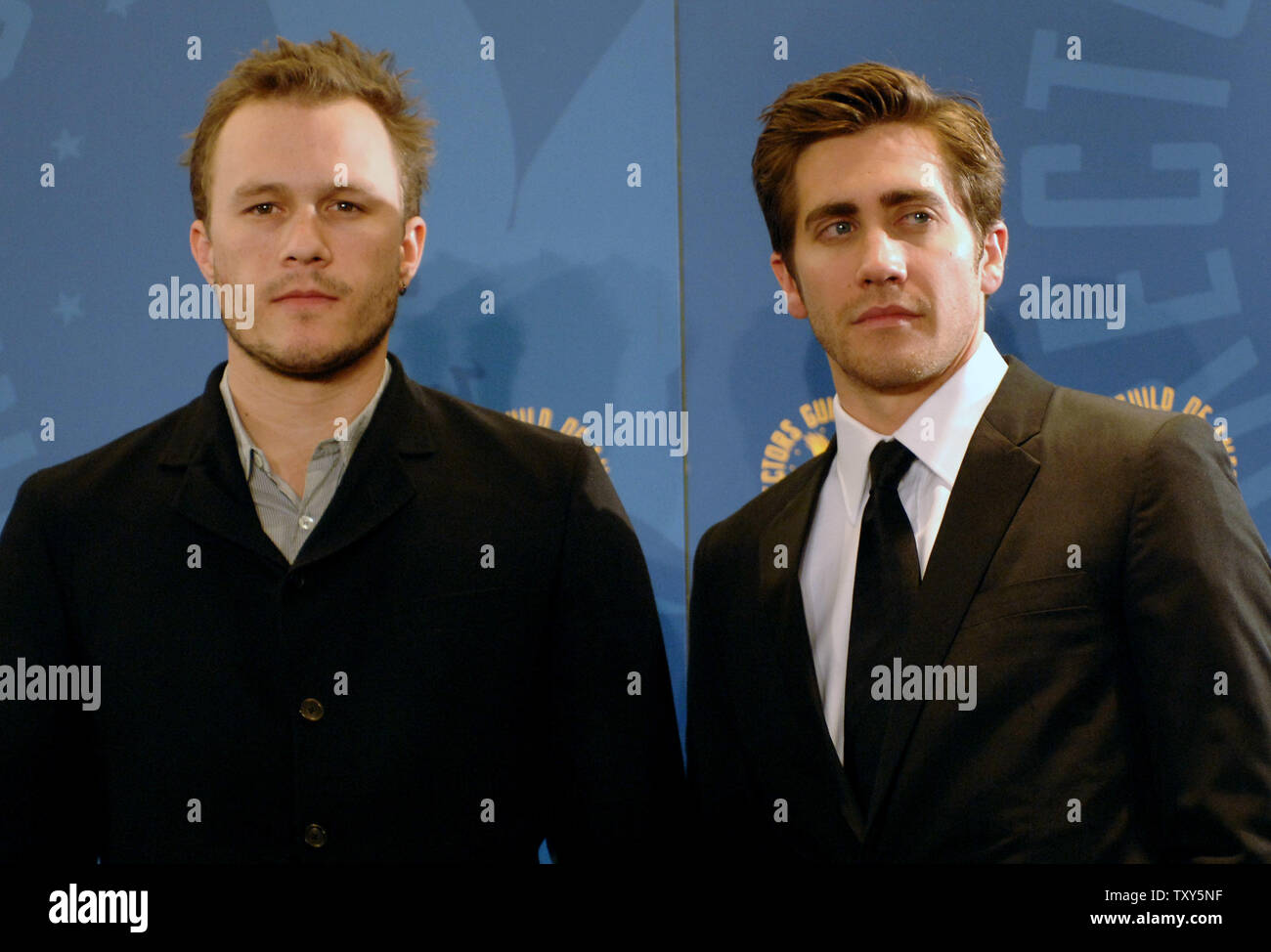 Heath Ledger (L) and Jake Gyllenhaal, who co-star in the motion picture 'Brokeback Mountain' appear backstage at the 58th annual Directors Guild of America Awards in Los Angeles on January 28, 2006. (UPI Photo/Jim Ruymen) Stock Photo