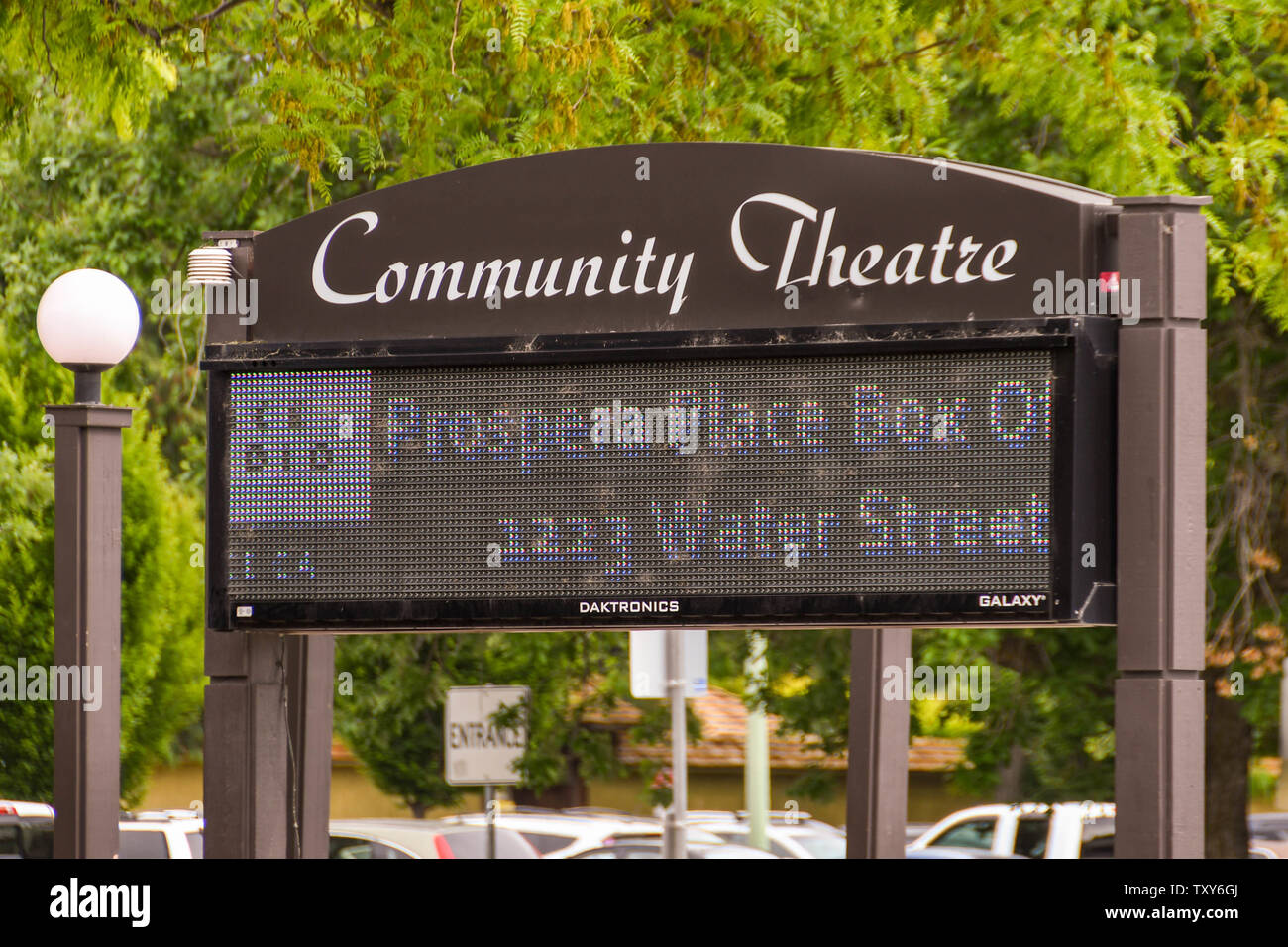 KELOWNA, BRITISH COLUMBIA, CANADA - JUNE 2018: Electronic information sign outside the Community Theatre in Kelowna, BC. Stock Photo