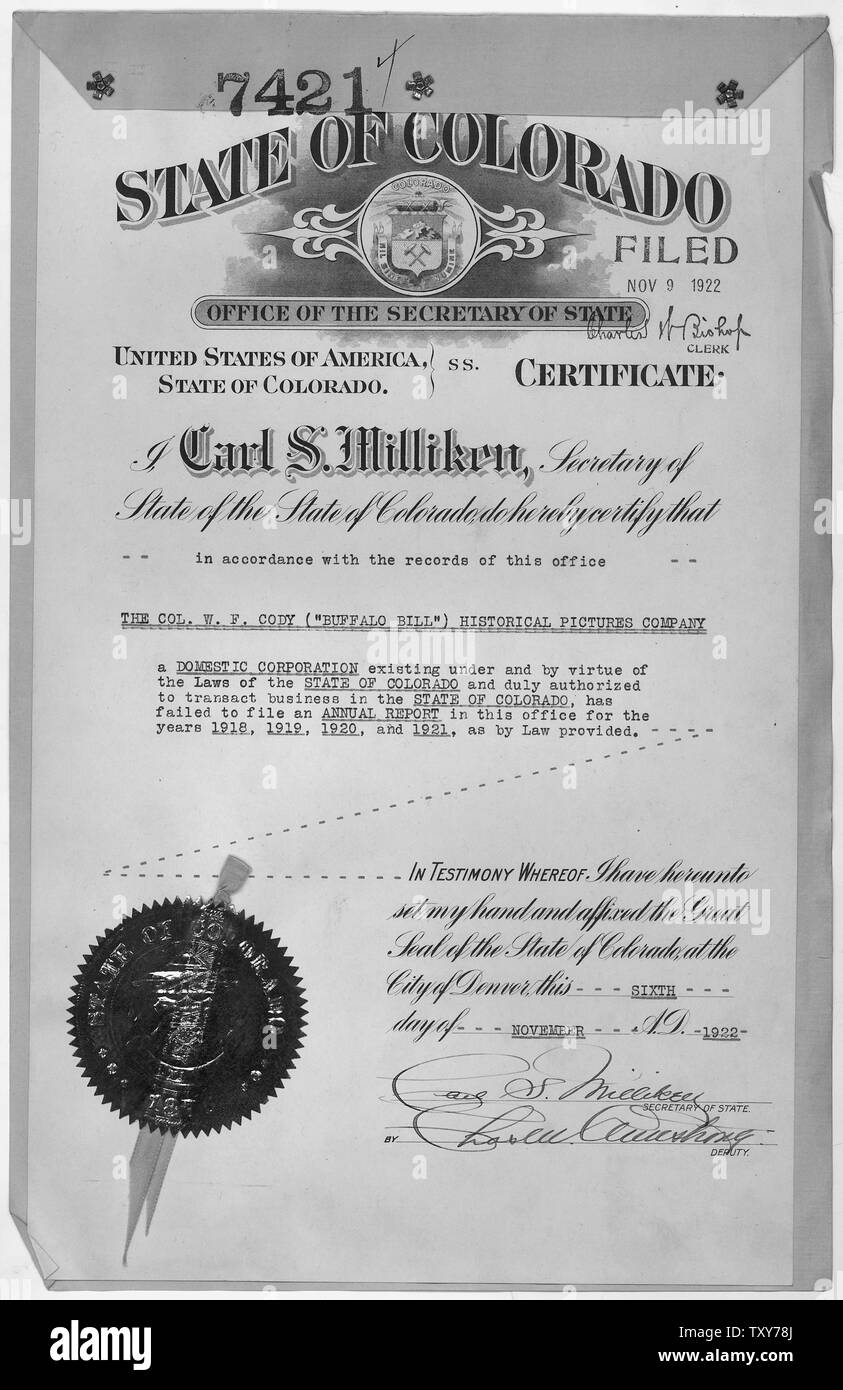 Certificate of corporation in the State of Colorado for the William F. Cody (Buffalo Bill) Historical Pictures Company Stock Photo