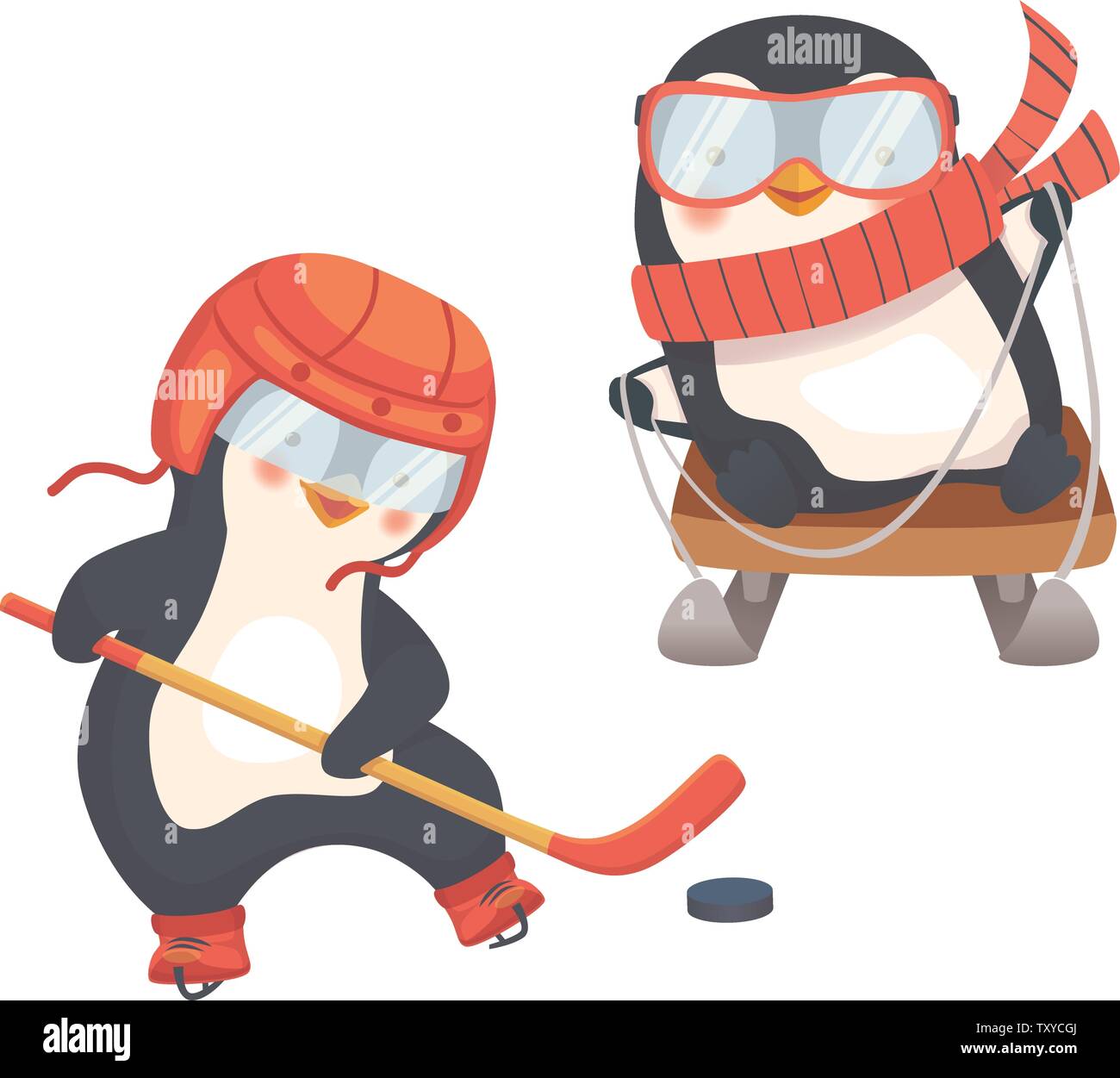 Penguin hockey player and penguin on sled. Childrens sports concept. Active penguins. Vector