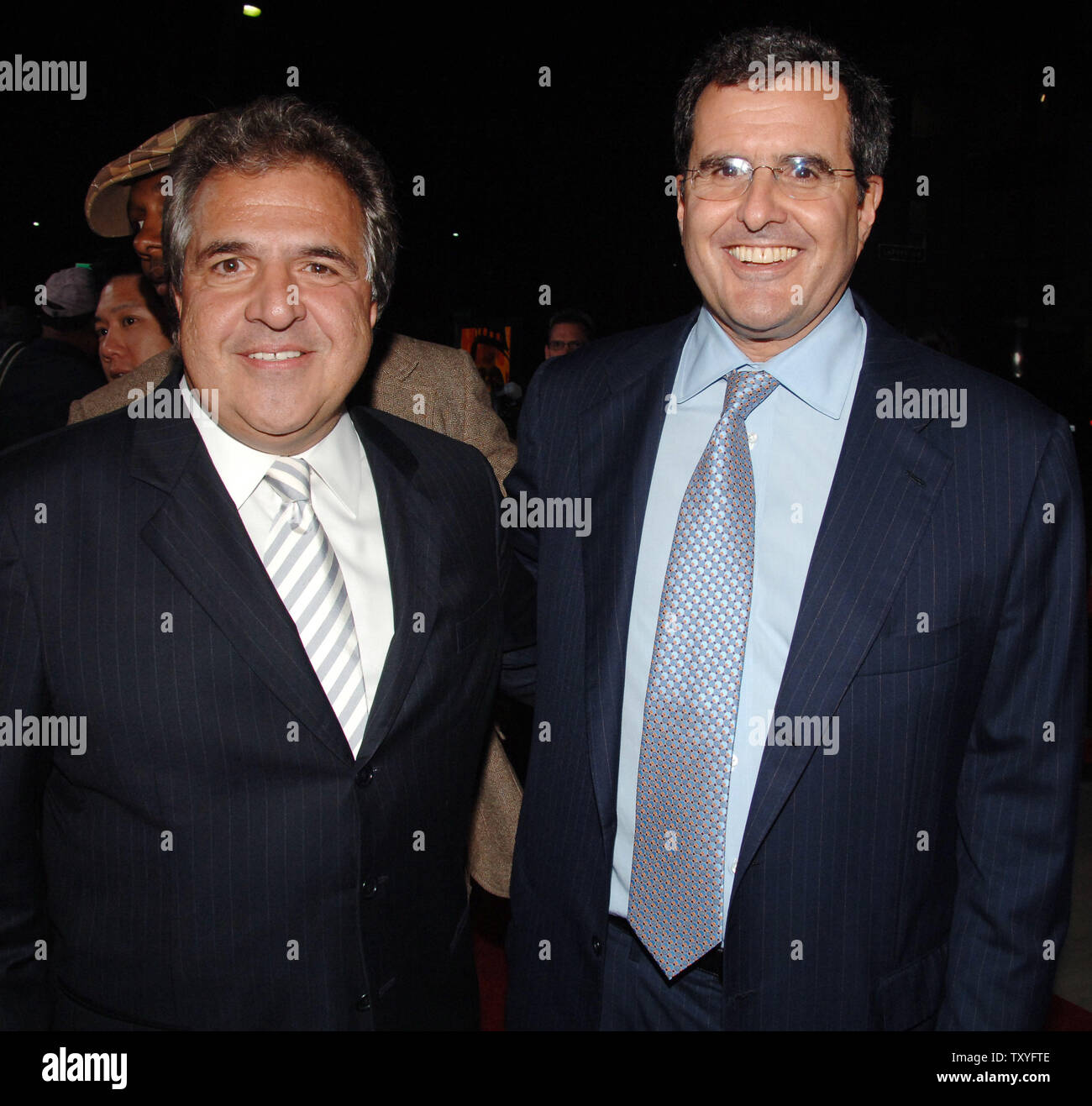 Peter Chernin (R), CEO of News Corporation and Jim Gianopulos, Chairman Fox Films Entertainment pose during the premiere of 'The Last King of Scotland' at the Academy of Motion Picture Arts & Sciences in Beverly Hills, California on September 21, 2006. The movie is based on the events of the brutal dictator Idi Amin's regime as seen by his personal physician during the 1970s. (UPI Photo/Jim Ruymen) Stock Photo