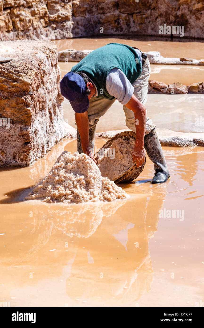 Man working on Salineras de Maras / Maras Salt Mines. Salt extraction at Maras salt pans, terraces and ponds, Peru Sacred Valley. Stock Photo