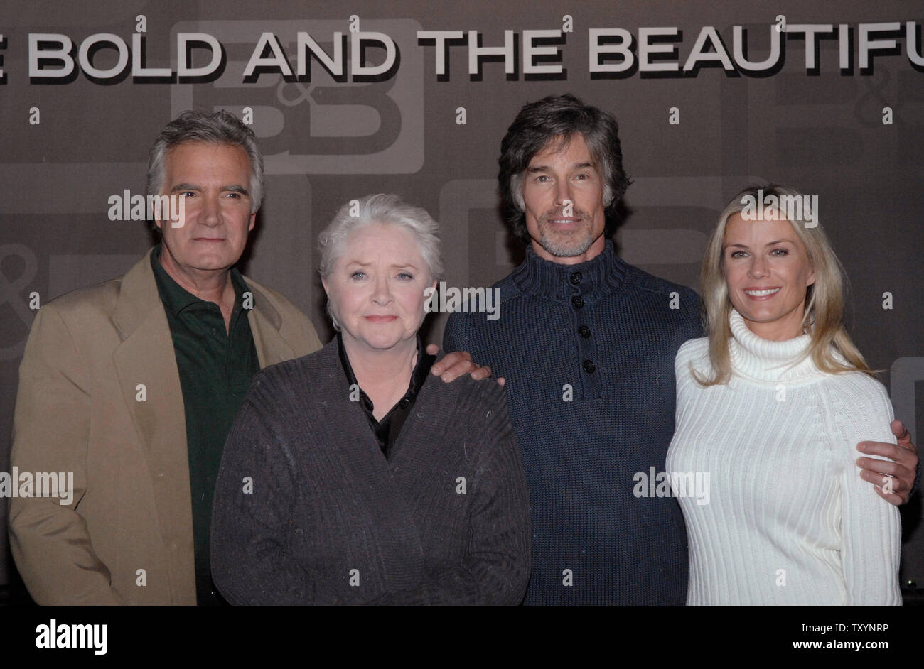 Cast members John McCook (L-R), Susan Flannery, Ronn Moss and Katherine Kelly Lang pose for photographs during the celebration of the 5000th episode of 'The Bold and the Beautiful' in Los Angeles on January 23, 2007. (UPI Photo/ Phil McCarten) Stock Photo