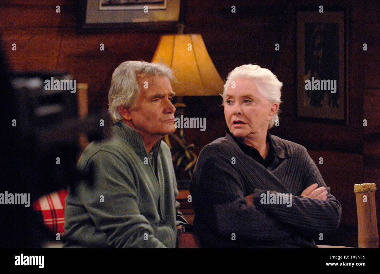 Cast members John McCook (L) and Susan Flannery rehearse during the taping of the 5000th episode of 'The Bold and the Beautiful' in Los Angeles on January 23, 2007. (UPI Photo/ Phil McCarten) Stock Photo
