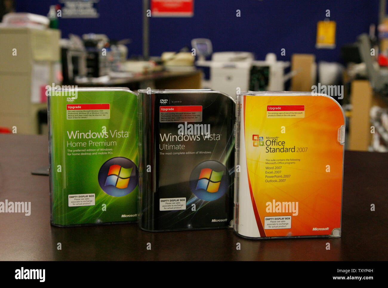 Microsoft Vista and Office are on display as the new software arrives at an  Office Depot store in Beverly Hills, California on January 30, 2007. Vista,  Microsoft's long-awaited new operating system, and