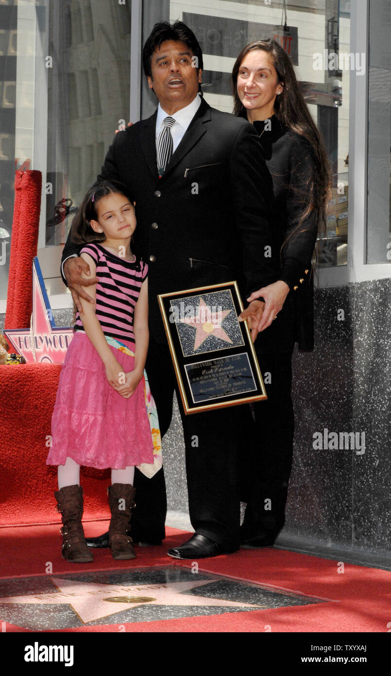 Actor Erik Estrada (R), best known for his role as Officer Frank 'Ponch' Poncherello in the 1977-1983 television series 'CHiPS' reacts with daughter Francesca and wife Nanette during ceremonies unveiling Estrada's star on the Hollywood Walk of Fame in Los Angeles on April 19, 2007. (UPI Photo/Jim Ruymen) Stock Photo