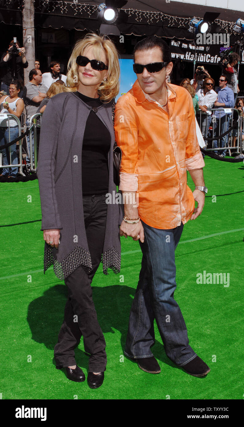 Actor Antonio Banderas, the voice of Puss in Boots in the animated motion picture 'Shrek the Third' arrives with his wife, actress Melanie Griffith for the premiere of the film in the Westwood section of Los Angeles on May 6, 2007. (UPI Photo/Jim Ruymen) Stock Photo