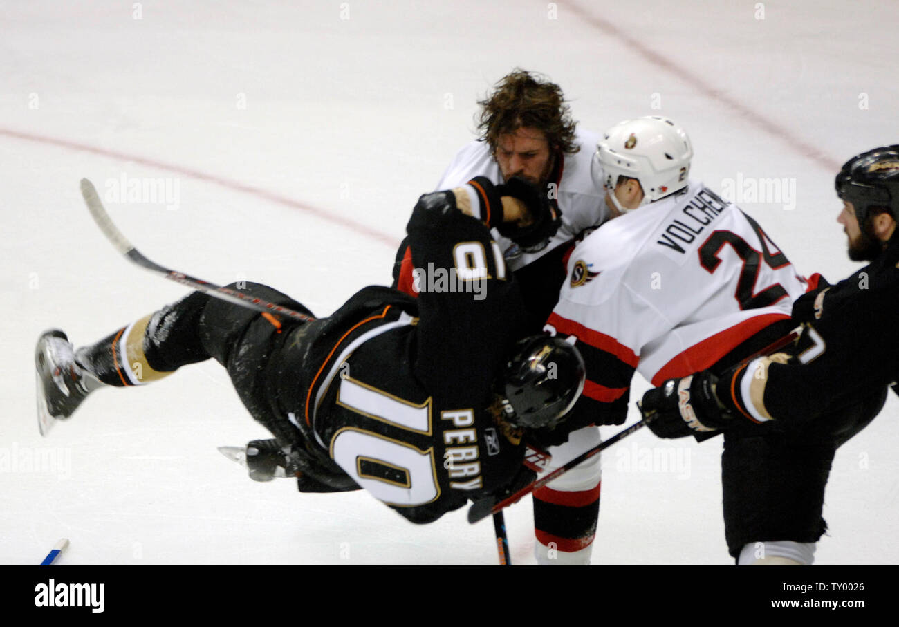 Ottawa Senators Mike Fisher Top Receives A Roughing Penalty For Knocking The Anaheim Ducks Corey Perry To The Ice In The First Period Of Game Two In The Stanley Cup Final May