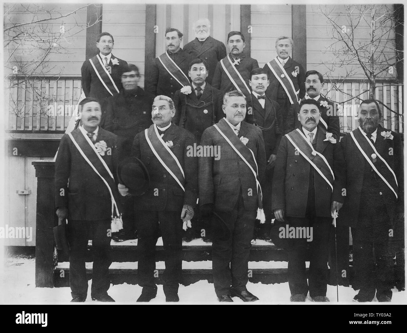 Councilmen, Metlakahtla, Alaska.; Scope and content:  Top row, left to right: Fred Verney, Charles Brendible, William Duncan, Jacob Scott, Frank Allen. Center row, left to right: James Leask, Paul Mather, Benjamin Haldane, Edmund Verney. Bottom row, left to right: Sam Auriol, Sydney Campbell, Mark Hamilton, Adolphus Calvert, Henry Ridley, Sr. Stock Photo