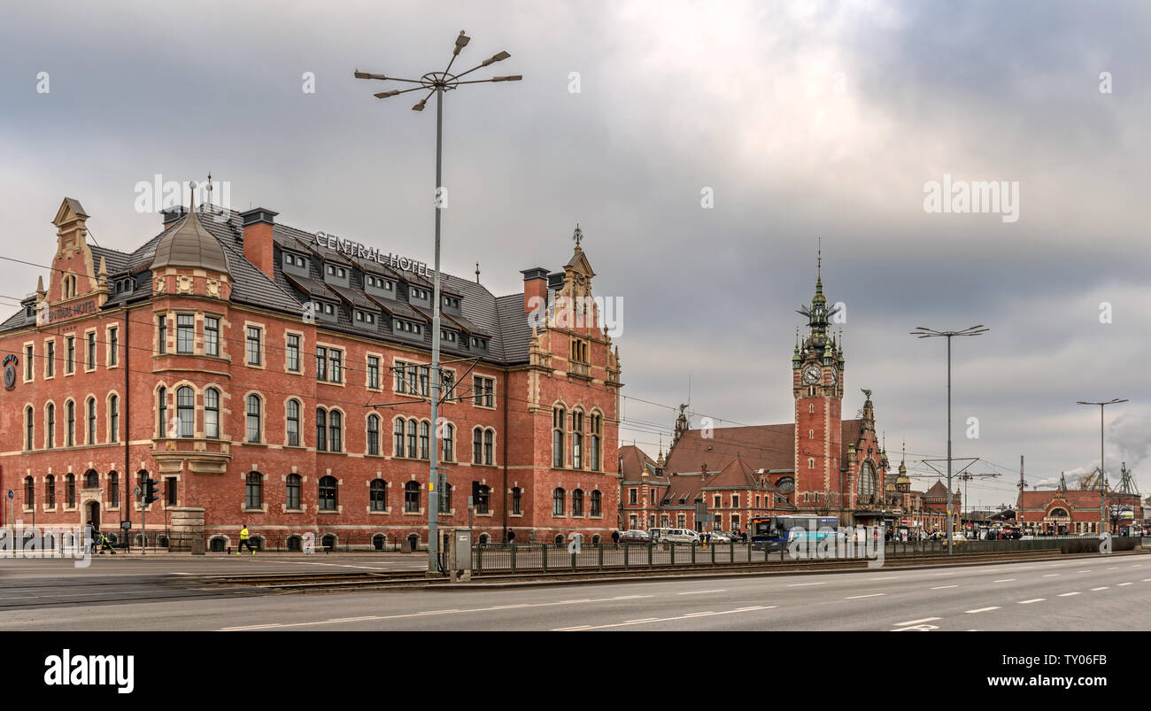Gdansk, Poland – Feb 14, 2019: View at historic late 19th century main railway station buildings in Gdansk, Poland. Stock Photo